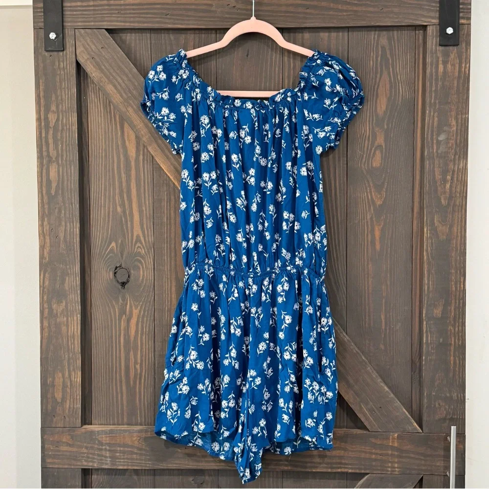 Kate Spade Blue Button Front Floral Off Shoulder Shorts Playsuit Romper Sz Small